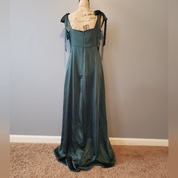 Lulus Tie Shoulder Satin Maxi Dress Green Gown Side Slit L - Picture 2 of 9
